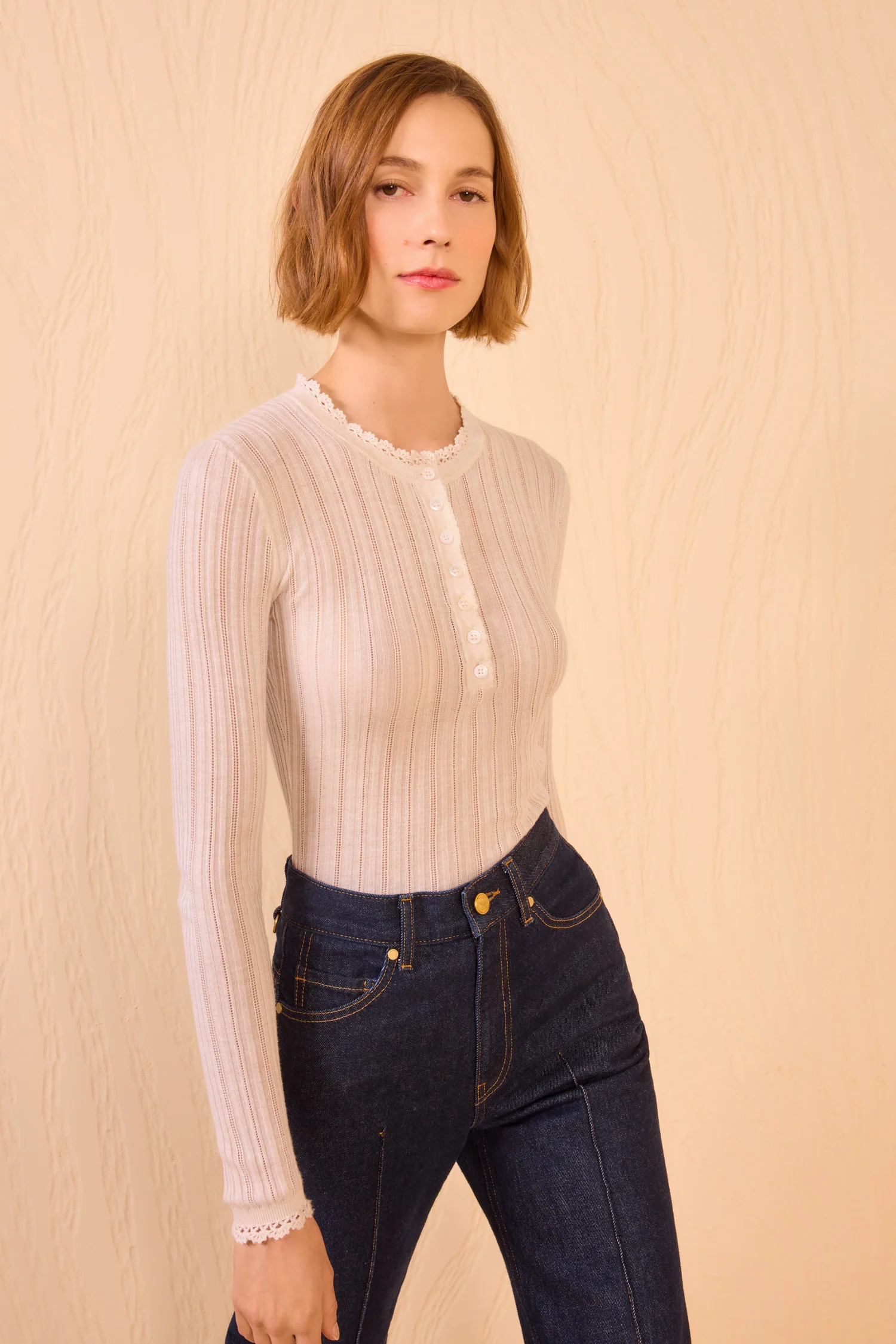 Delia Long Sleeve Henley Knit Top - Pristine - Image 3