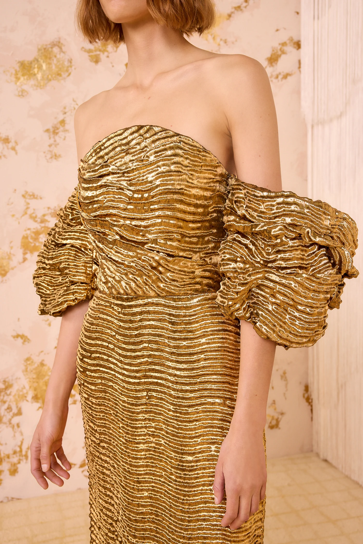 Nisha Metallic Draped Sleeve Gown - Oro - Image 3