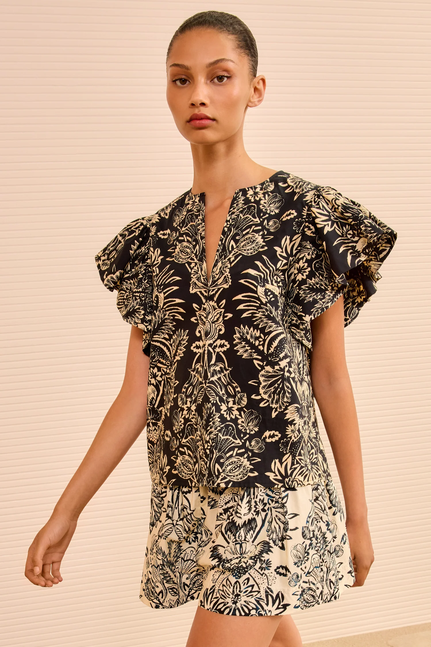 Severine Flutter Sleeve Top - Noir Flora - Image 3